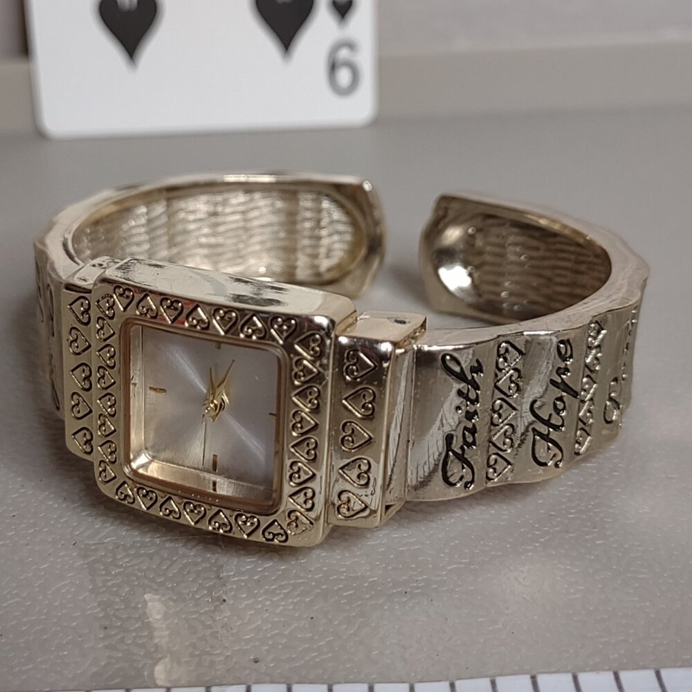Untested 6 Inch Gold Tone Inspirational Cuff Watch